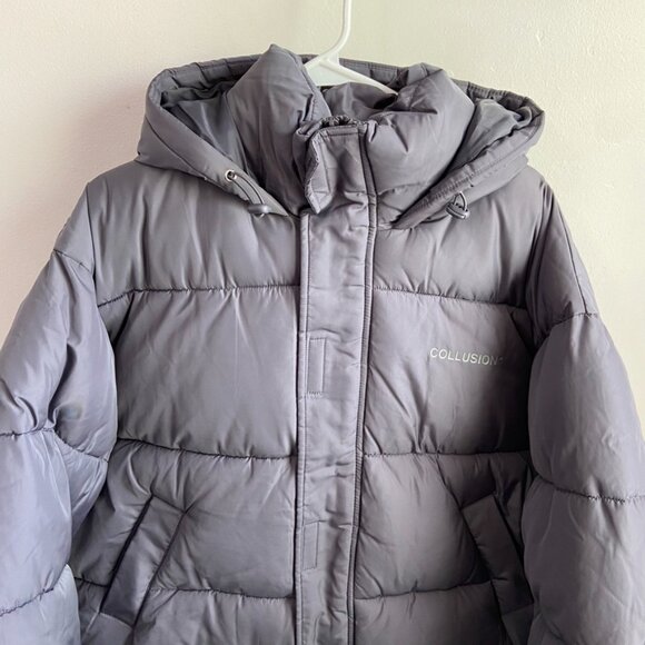 NWOT Collusion Charcoal Gray Unisex Hooded Nylon Puffer Jacket - Picture 7 of 7